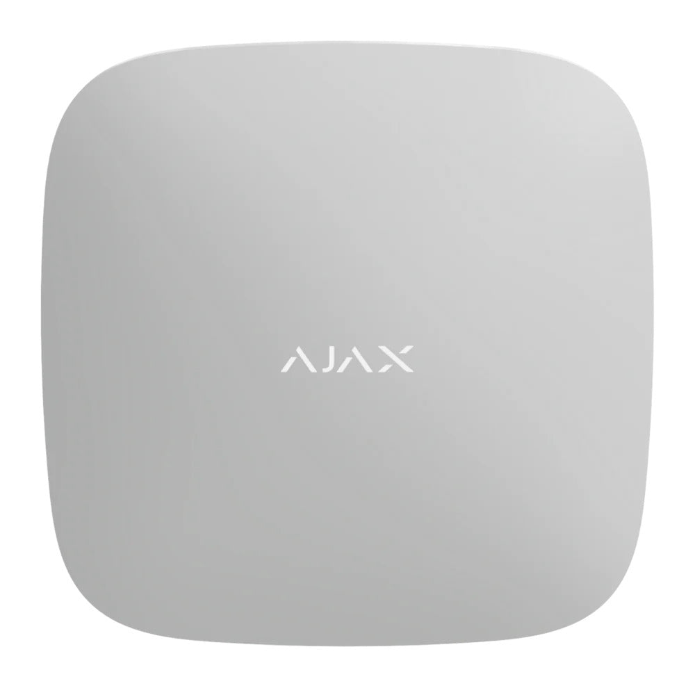 Ajax white wireless security system hub with sleek square design and rounded edges