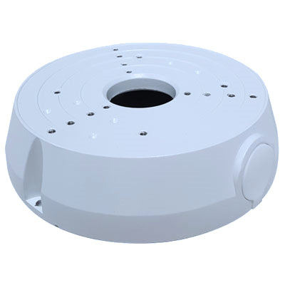 White circular NYX JB-EB mounting bracket with multiple mounting holes for security cameras