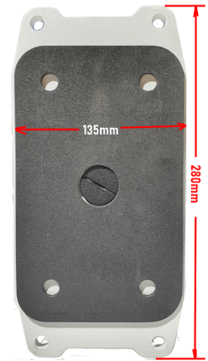 NYX PTZ junction box Australia showing front view with 135mm width and 280mm height measurements