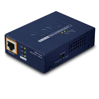 Planet PoE injector adapter in dark blue with Ethernet port and LED indicators for power and data