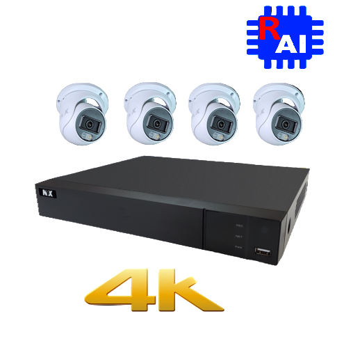 NYX NVR setup guide featuring a 4K NVR unit and four IP cameras for home security