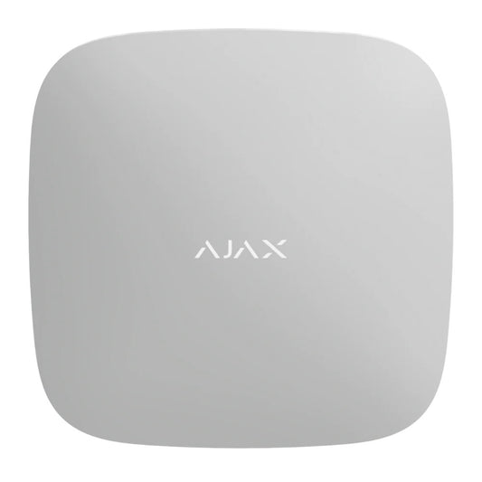 Ajax white wireless security system hub with sleek square design and rounded edges