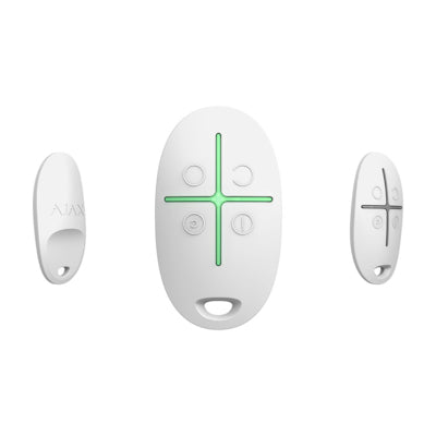 White AJAX Space Control remote with four buttons and green indicator light by Ajax