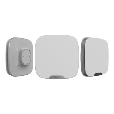 Ajax Street Siren for home security shown from multiple angles in white casing