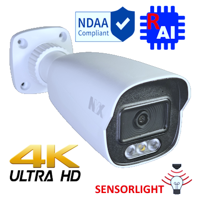 NYX BC8-28F 4K security camera in white with sensor light and NDAA compliance for ultra HD surveillance