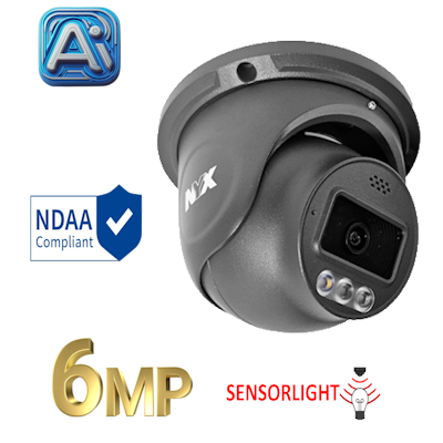 NYX D6FLB 6MP security camera dome style with sensor light and NDAA compliance badge