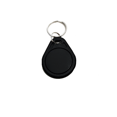 Black NYX fob key tag with round shape and metal key ring for easy attachment