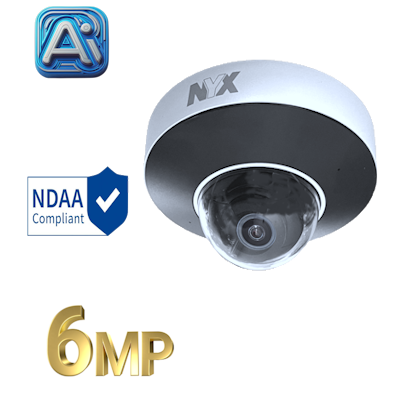 NYX IPS6-28F IQ2+ camera in a dome design, featuring 6MP resolution and NDAA compliant technology
