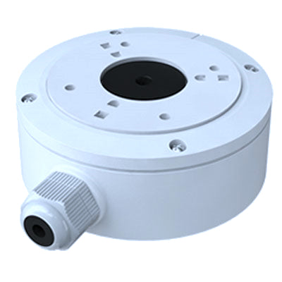 White NYX JB-301 junction box with cable entry port and mounting holes for security cameras