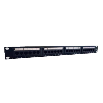 Black 24-port network patch panel with numbered ports for organized cable management