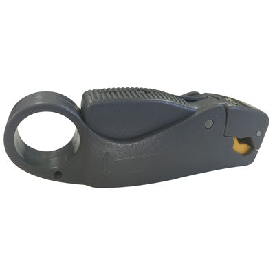 Coax stripper tool in gray with ergonomic design for easy wire stripping and installation