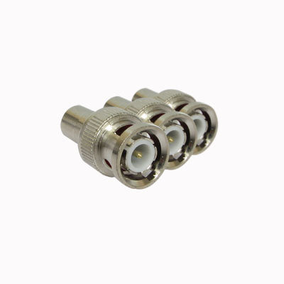 Set of RCA to BNC adapters in silver for connecting audio and video devices